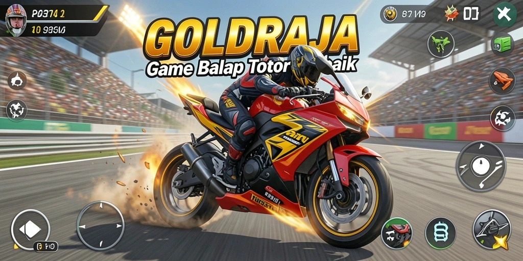 Tampilan gameplay mendebarkan dari <strong>GOLDRAJA</strong> yang menunjukkan aksi balap motor yang seru.
