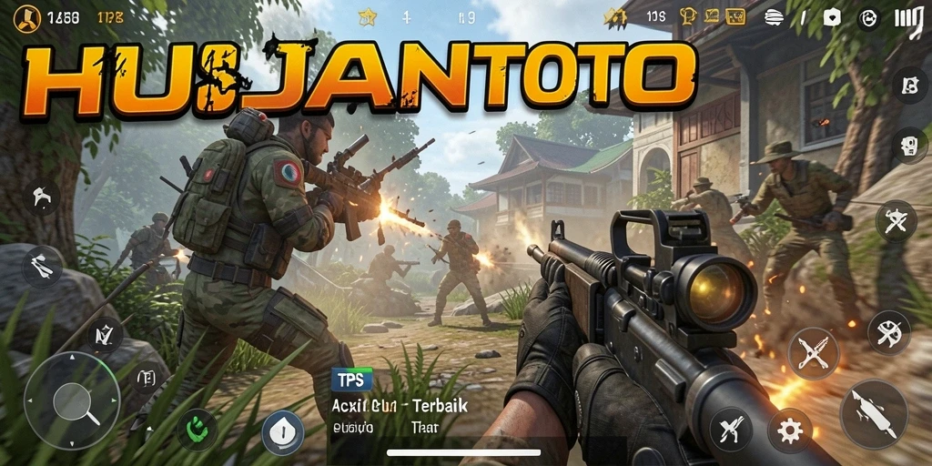 Tangkapan layar gameplay HUJANTOTO dengan aksi tembak-tembakan yang intens.
