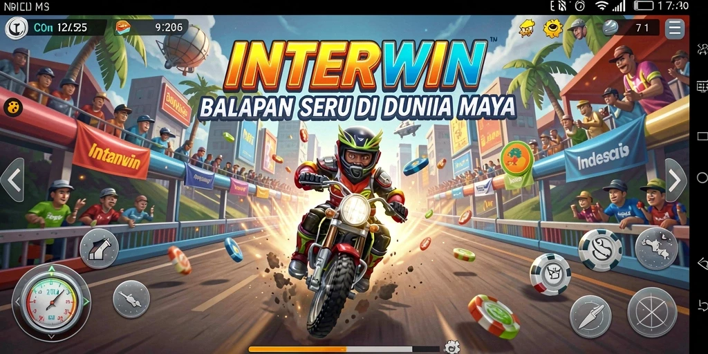 Screenshot gameplay INTERWIN dengan mobil balap di lintasan.