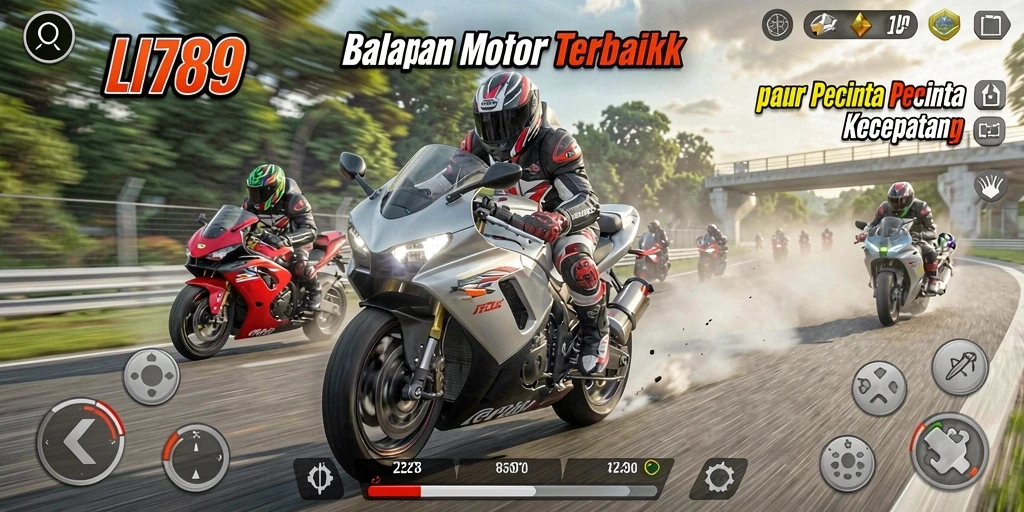 Tampilan seru dari gameplay balapan motor LI789 yang mendebarkan.