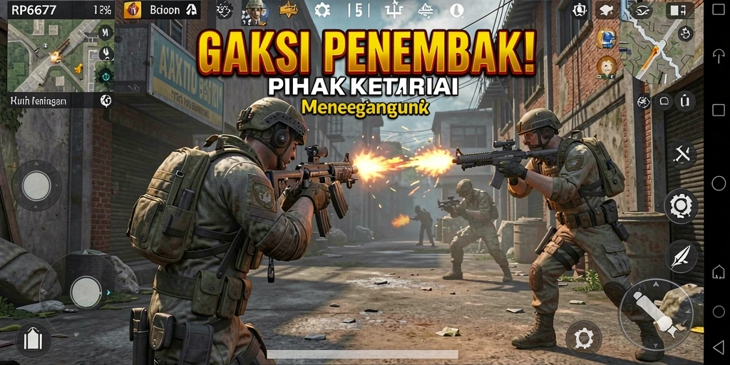 Tangkapan layar utama RP6677 menampilkan aksi tembak-menembak yang intens.
