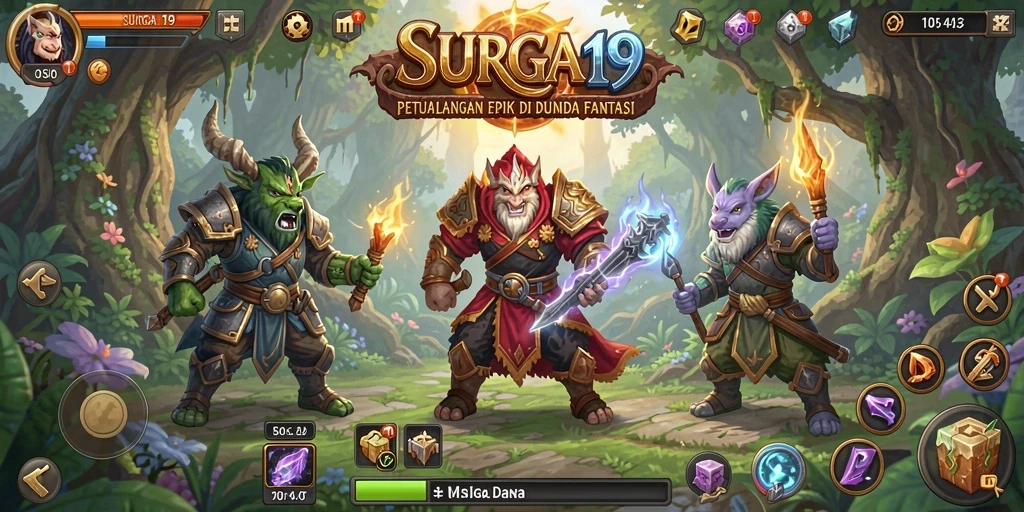 Tampilan gameplay penuh aksi di dunia fantasi SURGA19.